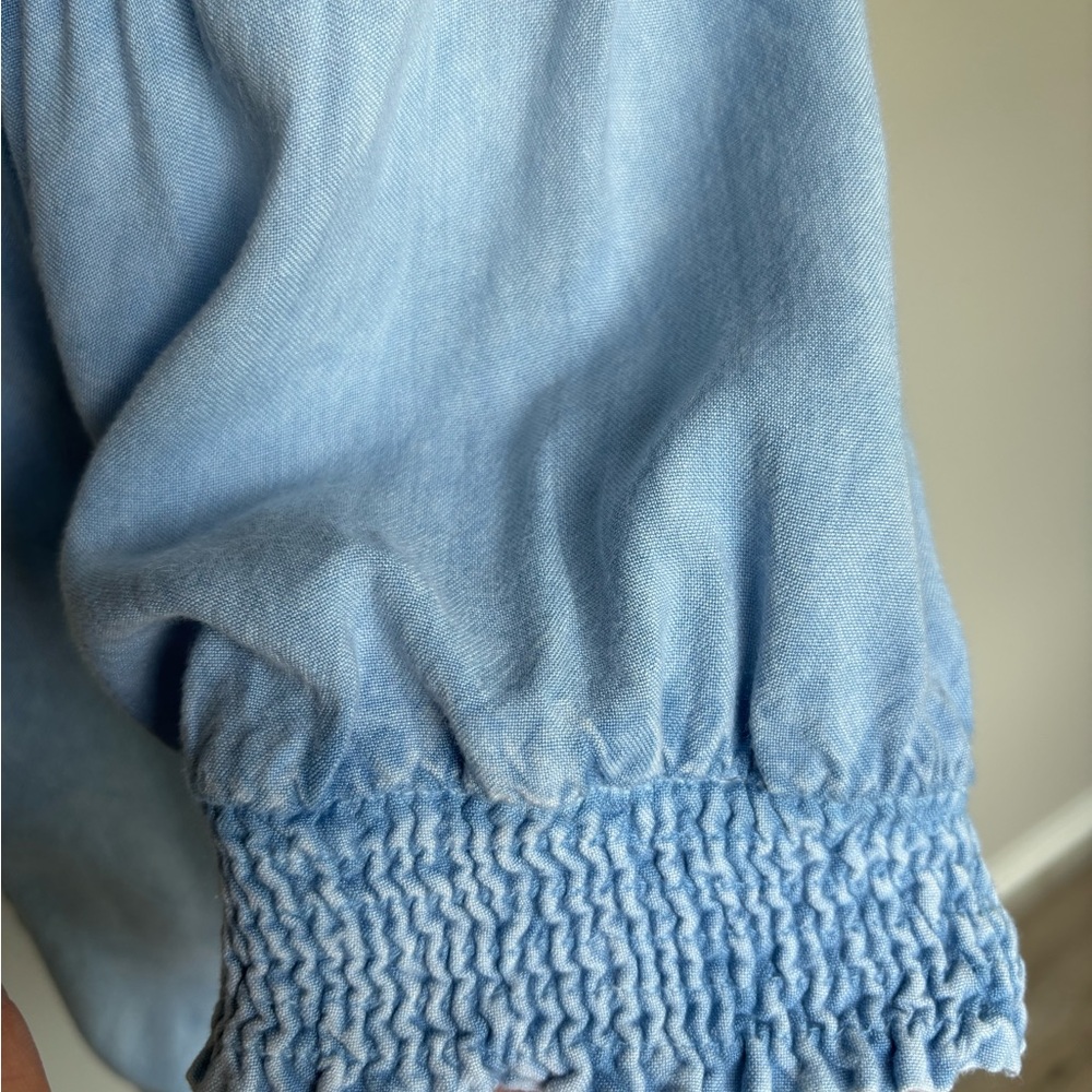 Smocked Light Blue Embroidered Peasant Blouse - Picture 5 of 13